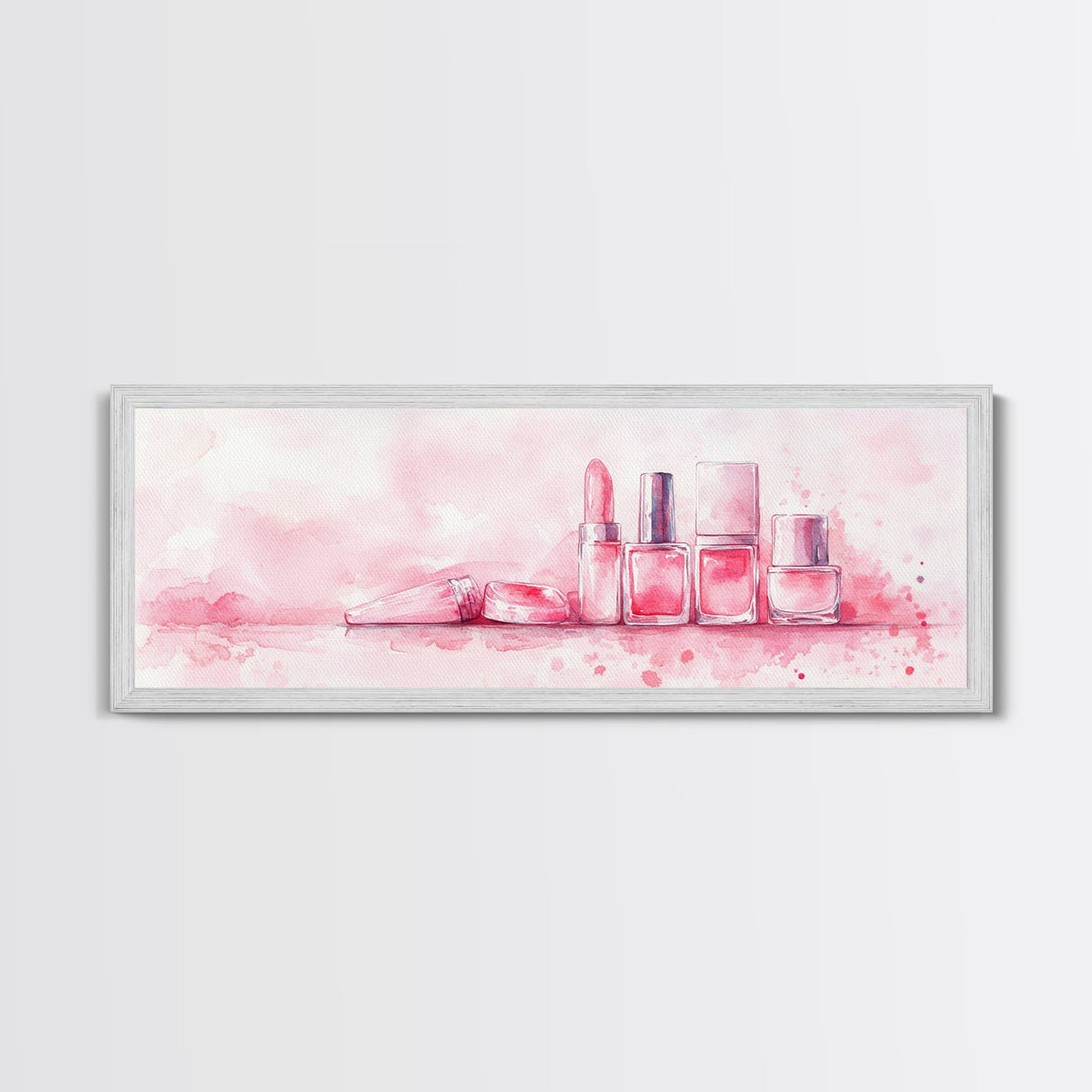 Makeup Art Canvas Print Featuring Lipstick and Nail Polish, Pink Abstract Wall Art for Bedroom or Bathroom Decor, Feminine Gift