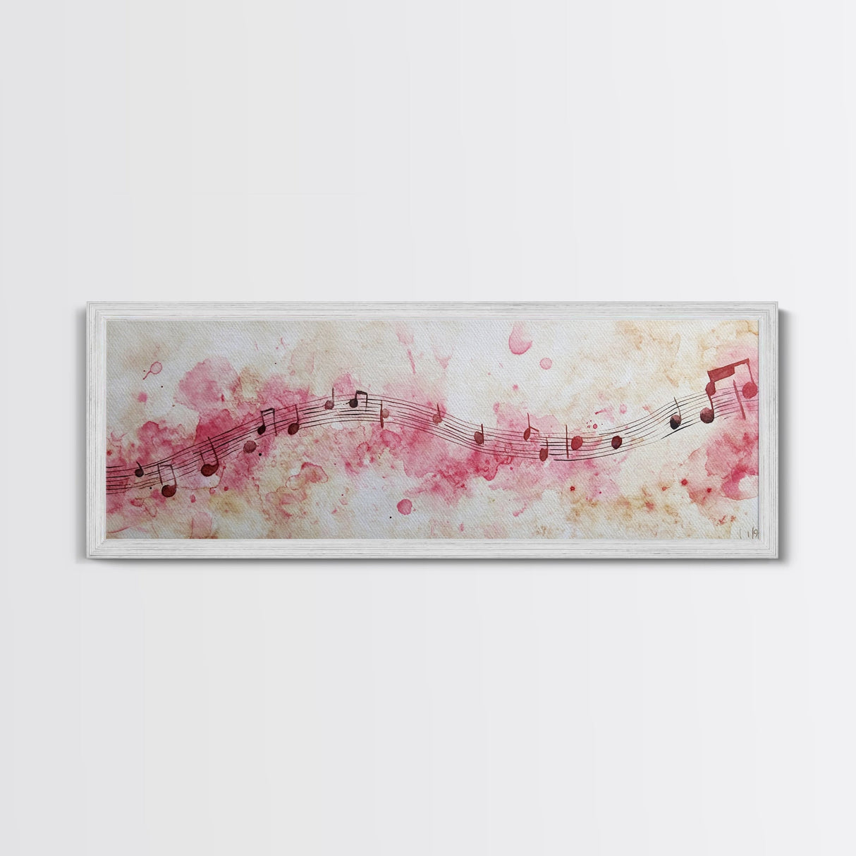 Pink Musical Notes Canvas Print, Rustic Abstract Artwork for Living Room, Nostalgic Art Nouveau Style, Horizontal Wall Art Decor