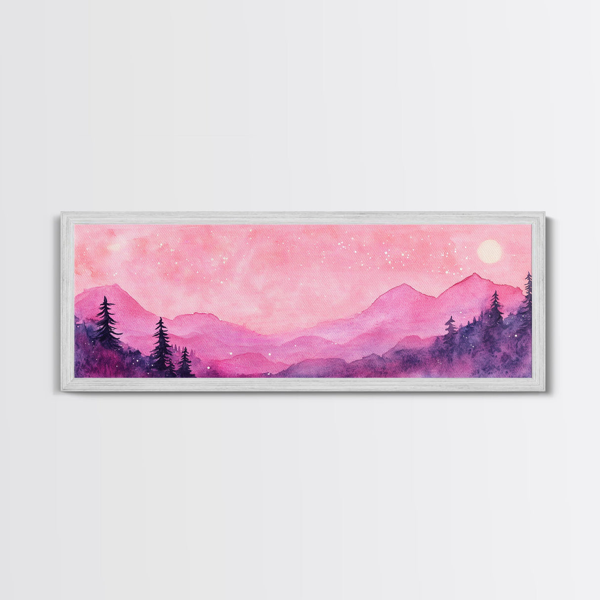 Mountain Landscape Art Framed Canvas Print in Light Pink Hues with Starry Sky, Bedroom or Living Room Artwork, Rustic Decor Painting