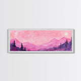 Mountain Landscape Art Framed Canvas Print in Light Pink Hues with Starry Sky, Bedroom or Living Room Artwork, Rustic Decor Painting