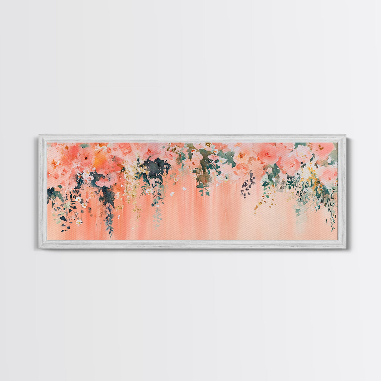 Floral Wildflower Painting Framed Canvas Print, Watercolor Botanical Prints in Peach and Green, Vertical Rustic Farmhouse Wall Art