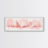Shell Painting Framed Canvas Print Featuring Coastal Shells in Pastel Pink, Nautical Decor Idea, Horizontal Coastal Artwork