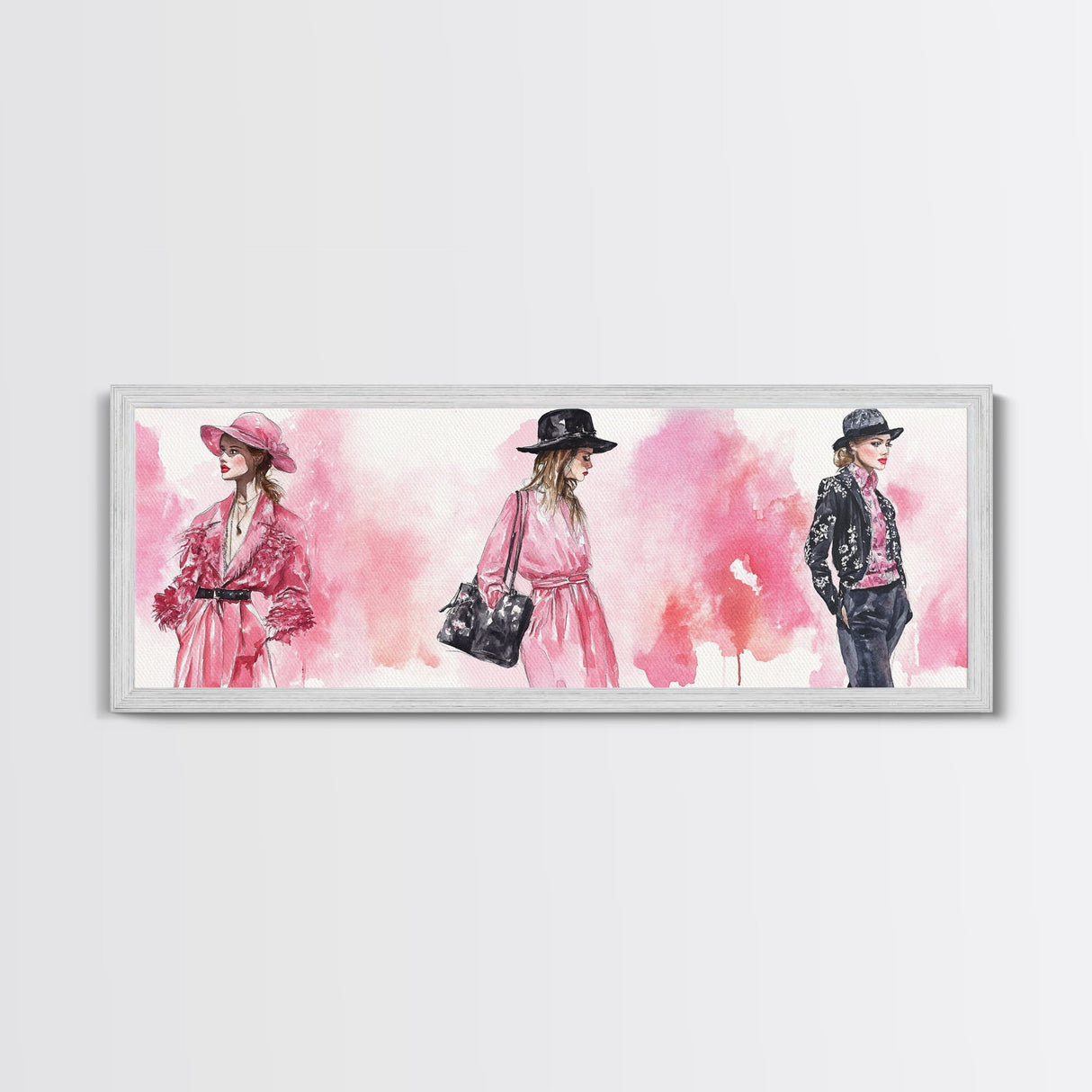Fashion Illustration Wall Art, Framed Canvas Print, Light Pink and Black Modern Style, Above Sofa Artwork, Whimsical Statement Piece
