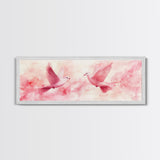 White Doves in Flight Artwork, Framed Canvas Print, Angelic Light Pink Wall Art, Whimsical Bedroom Decor, Feminine Spring Style