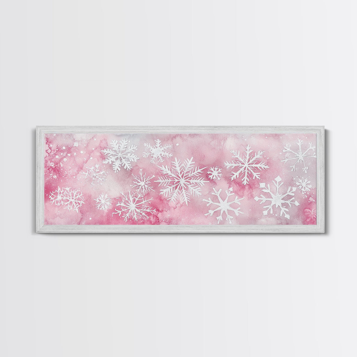 Delicate Snowflake Art Framed Canvas Print Light Pink Wall Art Minimalist Winter Décor Bedroom Living Room Artwork Horizontal Gift