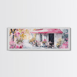 Parisian Cafe Cherry Blossom Painting Framed Canvas Print Extra Wide Art Horizontal Wall Art Rustic Above Sofa Decor