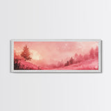 Misty Pink Landscape Canvas Print Forest at Dusk Painting Light Pink Wall Art Smoky Mountain Art Panoramic Art Bedroom Decor Gift