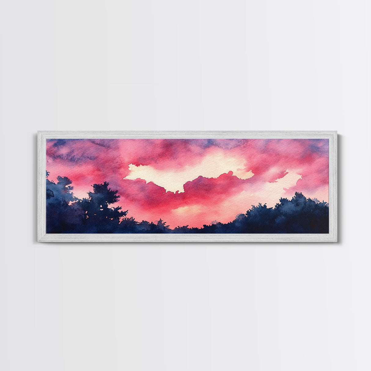 Forest Sunset Framed Canvas Print, Moody Evening Sky Painting, Smoky Mountain Landscape Art, Living Room or Bedroom Wall Decor