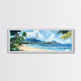 Serene Coastal Landscape Framed Canvas Print - Vibrant Hawaii Art, Nautical Beach Wall Decor, Panoramic Ocean Painting, Living Room Art