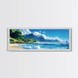 Tropical Paradise Beach Framed Canvas Print - Panoramic Hawaii Coastal Painting, Nautical Wall Art, Ocean View Living Room Wall Decor