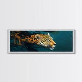 Leopard In Motion Framed Canvas Print - Abstract Jungle Painting, Teal And Orange Wildcat Art, Modern Safari Wall Decor, Bedroom Accent