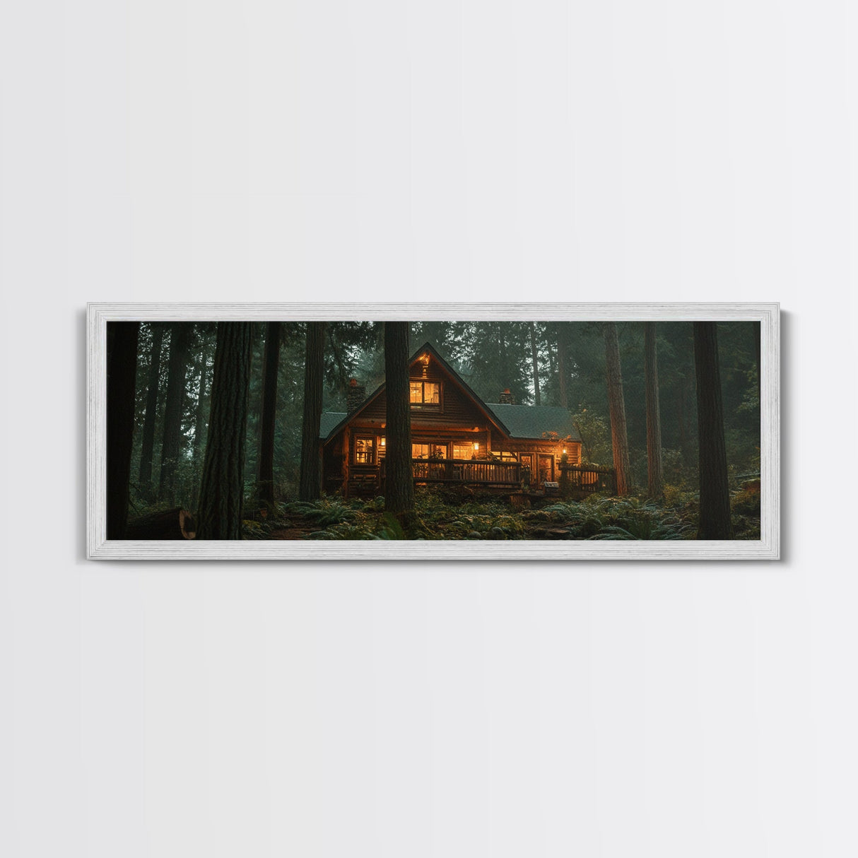 Warm Forest Cabin Framed Canvas Print, Rustic Decor Wall Art, Cozy Woodland Scene Painting, Moody Autumn Landscape, Living Room Art Piece