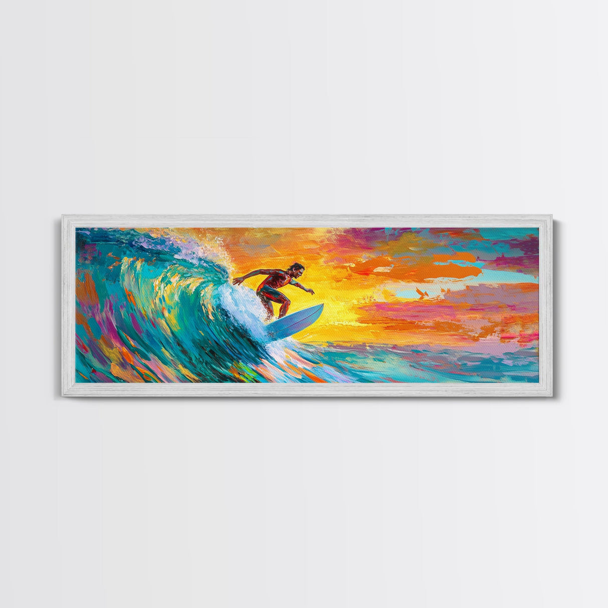 Surfer Riding Wave Canvas Print, Surf Wall Art, Coastal Decor, Nautical Painting, Colorful Art, Living Room Art, Gift Idea, Rustic Wall Art