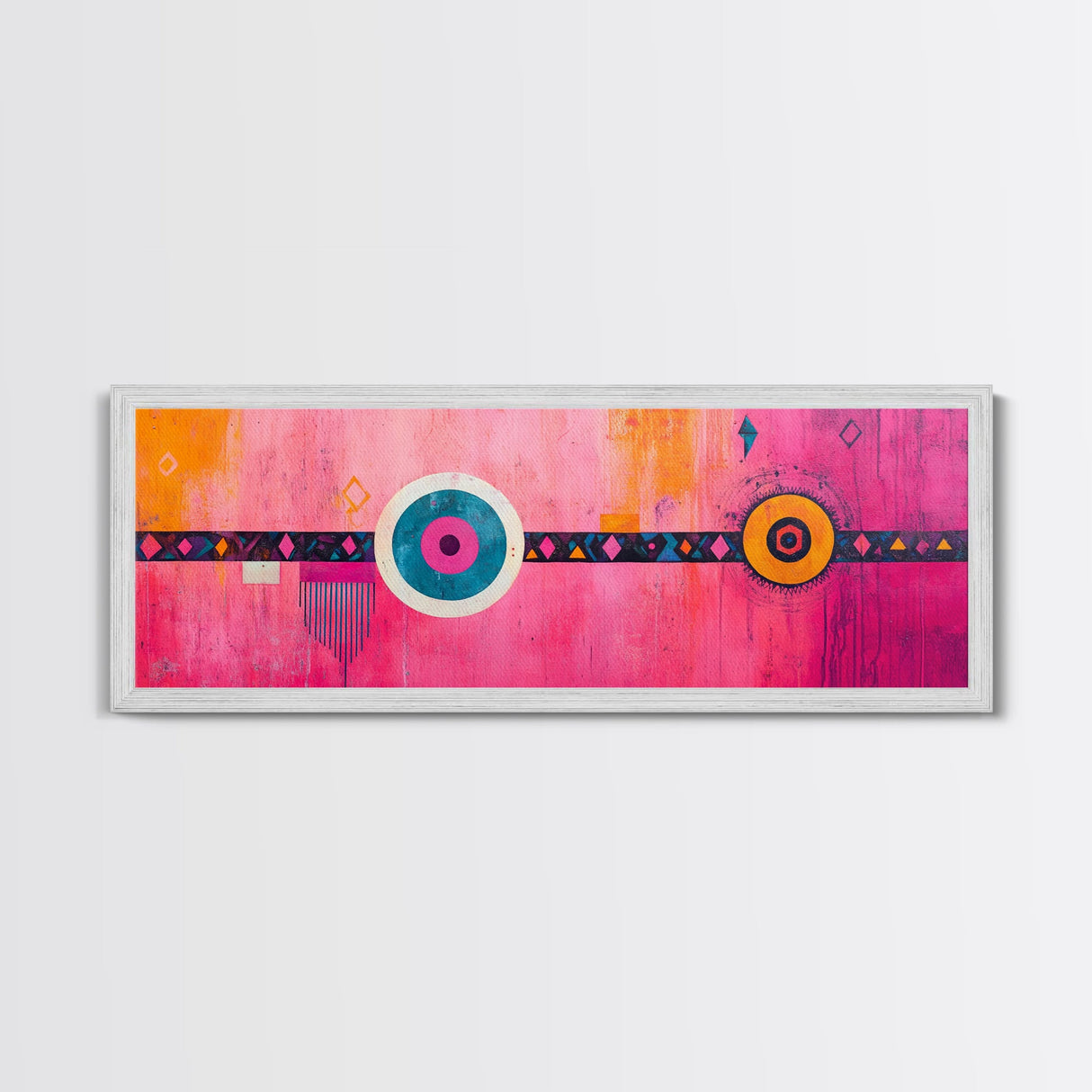Pink Geometric Abstract Canvas Print Modern Wall Art Whimsical Boho Design Minimalist Art Long Narrow Extra Wide Statement Piece