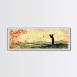 Golf Swing Elegance Framed Canvas Print – Rustic Decor, Golf Art, Panoramic Painting, Horizontal Wall Art, Gift Idea For Him
