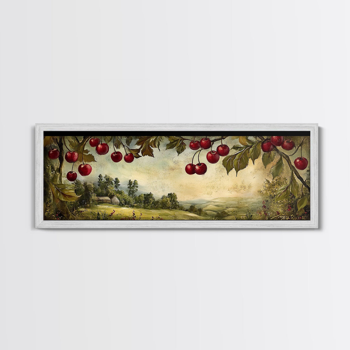 Framed Canvas Print Cherries Wall Art Panoramic Rustic Decor Living Room Horizontal Landscape Art Farmhouse Gift Idea Painting