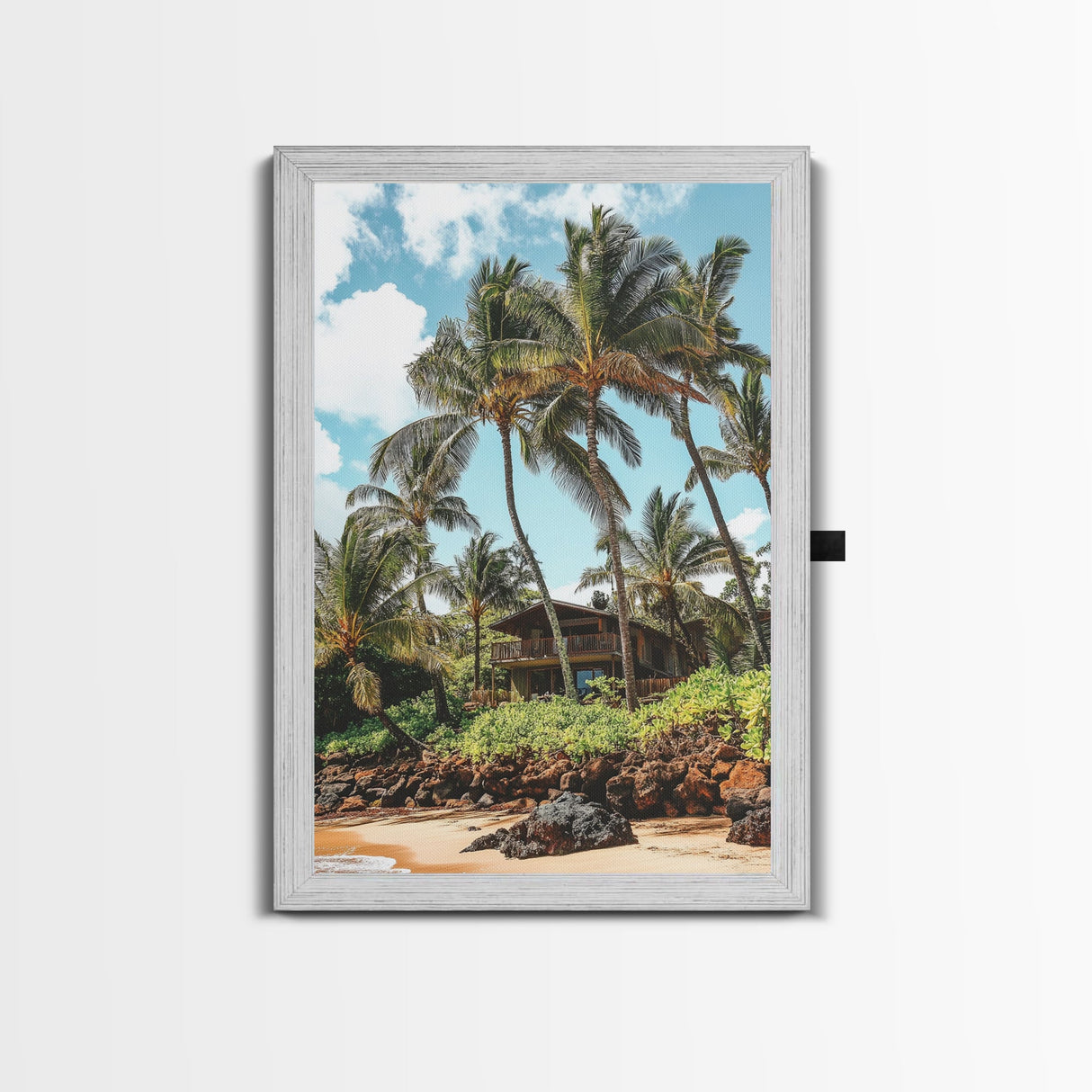Tropical Beach House Canvas Print – Hawaii Art Coastal Landscape, Rustic Nautical Decor, Seaside Living Room Framed Wall Art