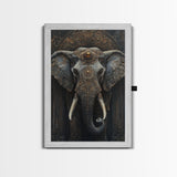 Ornate Elephant Kerala Mural Framed Canvas Print – Ganesh Wall Art, Sacred Geometry Art, Indian Inspired Decor Rustic Living Room Art
