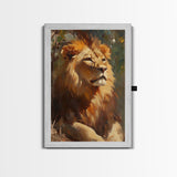 Regal Lion Oil Painting Framed Canvas Print – Rustic Decor Wall Art, African Lion Wildlife, Above Couch Art, Bold Statement Piece