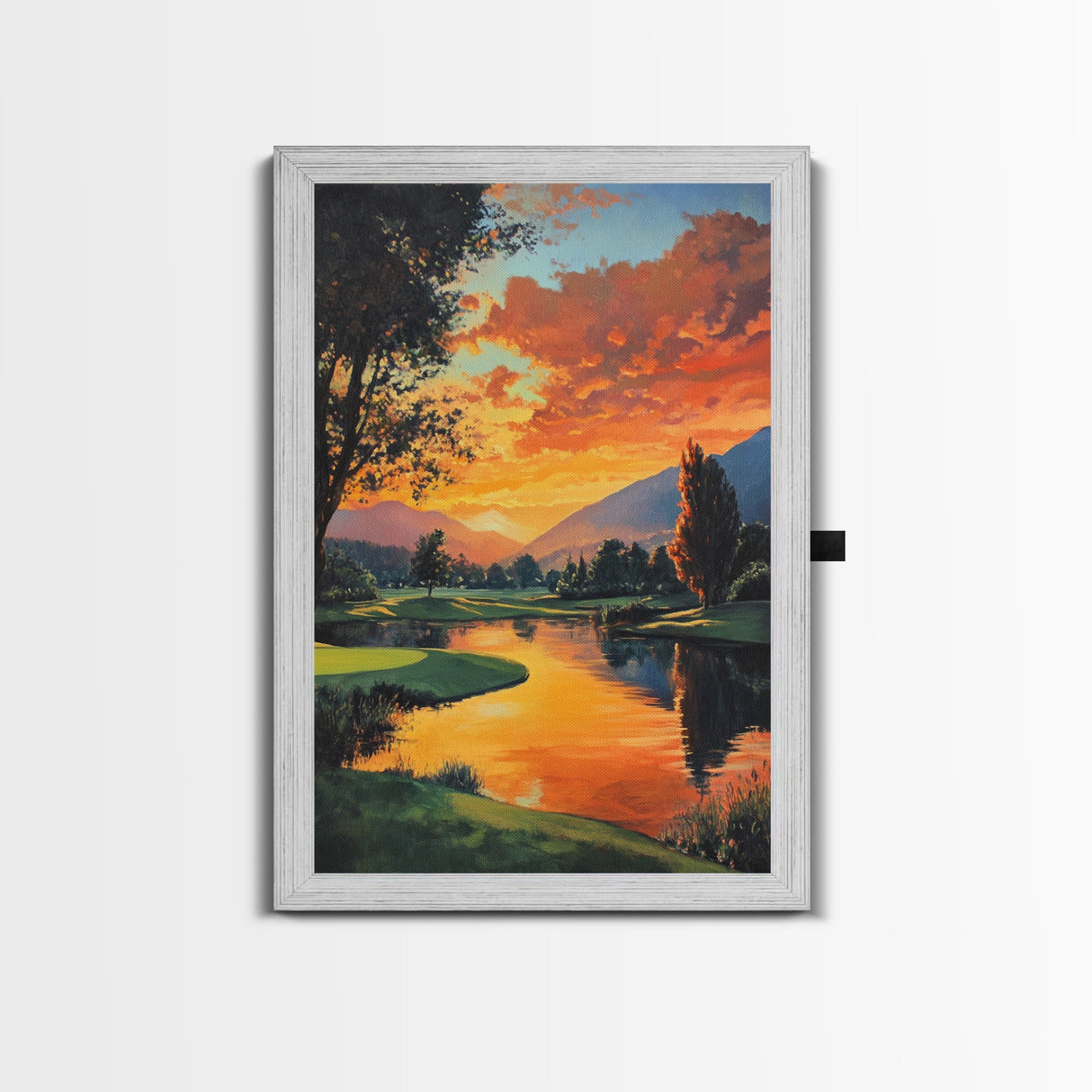 Golden Sunset Golf Framed Canvas Print, Landscape Wall Art, Rustic Horizontal Decor, Living Room Painting, Gift Idea for Him