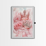 Elegant watercolor crowns and roses painting, framed canvas print, rose painting, goddess art print, chic pink wall art for living room