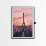 Eiffel Tower Sunset Framed Canvas Print Paris Landscape Painting French Cityscape Wall Art Bedroom Decor Romantic Gift Pink Orange Art
