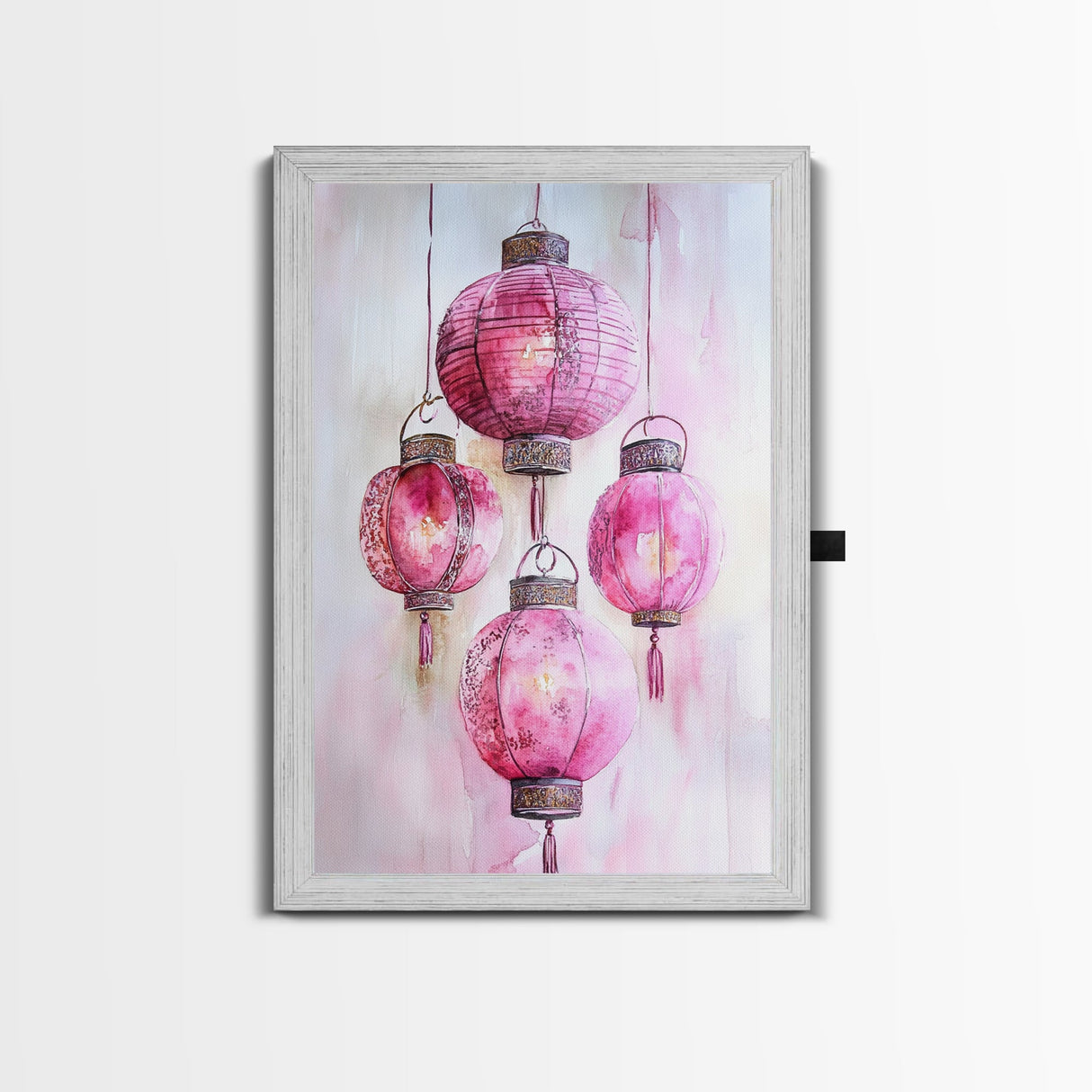 Pink Lanterns Framed Canvas Print, Chinoiserie Wall Art, Cozy Living Room Decor, Boho Aesthetic, Vertical Oriental Light Pink Wall Art