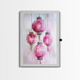 Pink Lanterns Framed Canvas Print, Chinoiserie Wall Art, Cozy Living Room Decor, Boho Aesthetic, Vertical Oriental Light Pink Wall Art