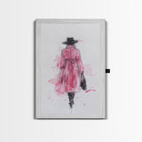 Woman in Coat Framed Canvas Print Light Pink Wall Art Moody Minimalist Fashion Illustration Rustic Aesthetic Unique Gift Idea