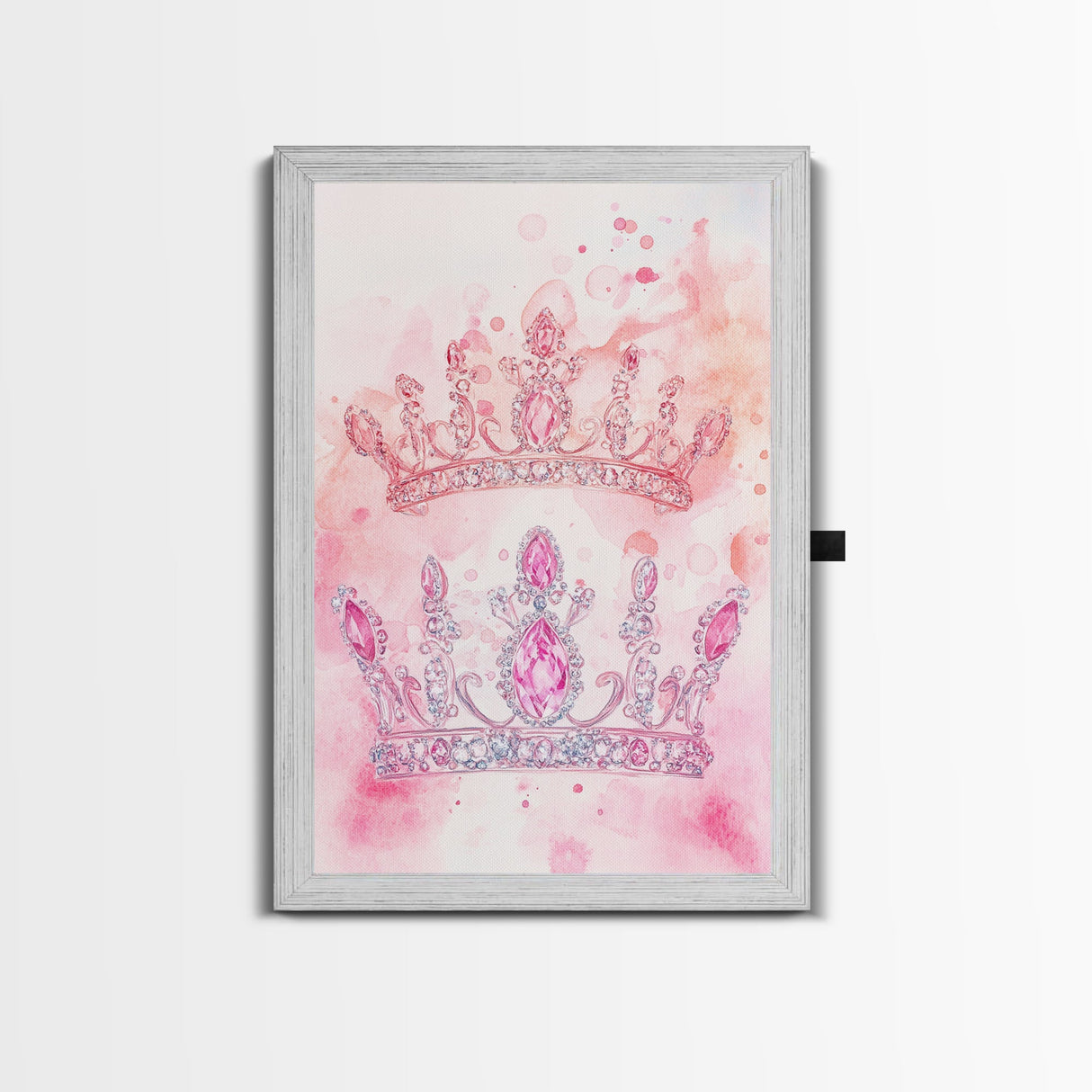 Twin jeweled crown painting featuring framed canvas print, whimsical art, light pink wall art, goddess art print, gift idea decor