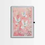Cherry Blossom Art with Peaceful Doves Framed Canvas Print, Angelic Bird Art Pink Decor, Whimsical Bedroom or Living Room Gift