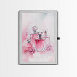 Elegant Pink Perfume Bottles Framed Canvas Print, Feminine Bathroom Art Light Pink Decor, Whimsical Gift Idea for Her Room