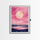 Moonlit Sky over Lake Framed Canvas Print, Pink Night Landscape Painting Coastal Wall Art, Minimalist Bedroom or Guest Room Decor