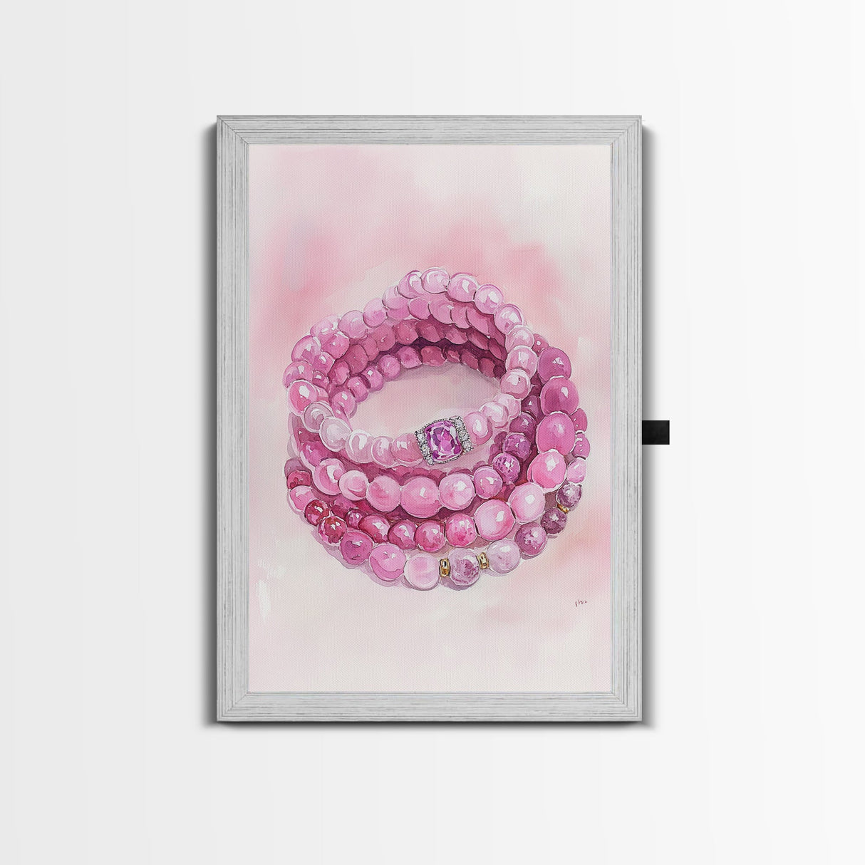 Pink Gemstone Bracelet Painting Framed Canvas Print, Whimsical Jewelry Art Light Pink Decor, Feminine Bedroom or Gift Aesthetic