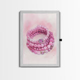 Pink Gemstone Bracelet Painting Framed Canvas Print, Whimsical Jewelry Art Light Pink Decor, Feminine Bedroom or Gift Aesthetic