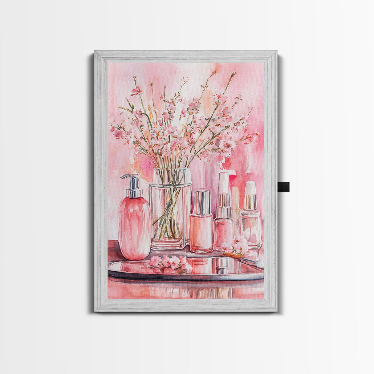 Pink wildflower botanical prints with glass bottles framed canvas print for bedroom or guest room rustic decor gift idea her wall art