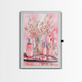 Pink wildflower botanical prints with glass bottles framed canvas print for bedroom or guest room rustic decor gift idea her wall art