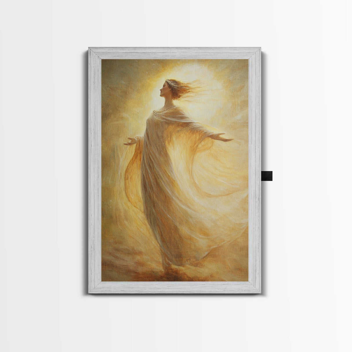 Radiant Golden Goddess Canvas Print, Stunning Angel Art Prints in Moody Style, Perfect Above Bed or as Warm Bedroom Wall Art