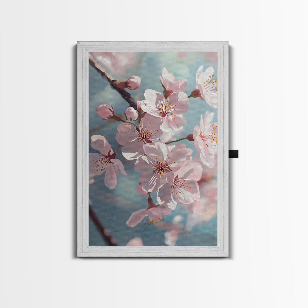 Japanese Sakura Canvas Print | Cherry Blossom Painting Art | Pastel Blue Floral Wall Art Gift Idea | Light Pink Bedroom Art
