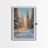 Winter Wonderland Framed Canvas Print, Snowy Forest Landscape Painting with Pine Tree Art, Cozy Rustic Wall Decor