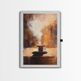 Rustic Steaming Coffee Framed Canvas Print | Warm Coffee Wall Art | Cozy Kitchen Art | Espresso Painting | Coffee Lover Gift Idea