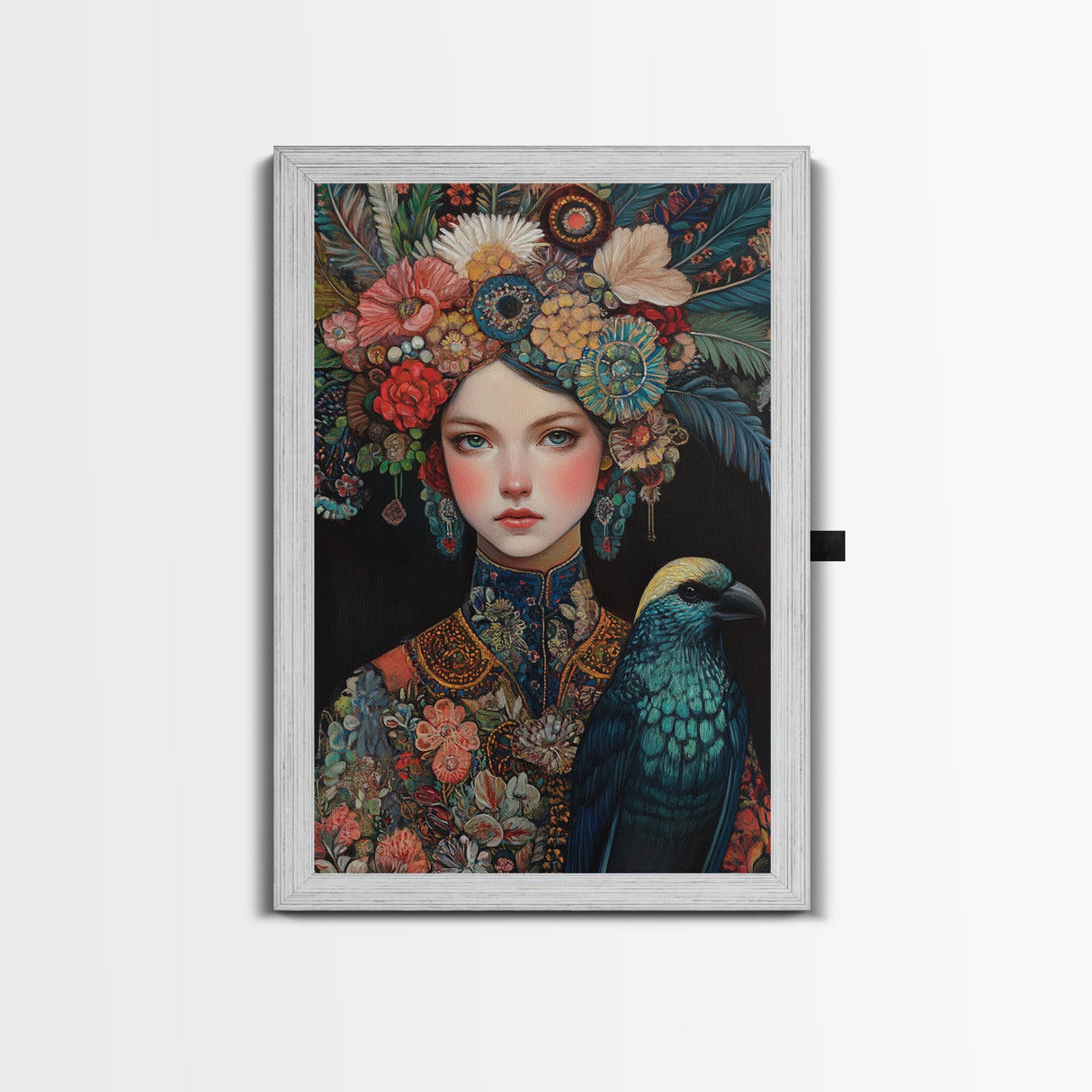 Goddess Art Framed Canvas Print Featuring Whimsical Floral Headdress and Bird Art, Boho Bedroom Art with Vibrant Chinoiserie Vibes