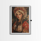 Vintage Folk Art Framed Canvas Print Featuring European Woman in Garden with Rustic Boho Aesthetic, Perfect Gift Idea for Her