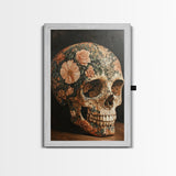 Skull Art Framed Canvas Print Featuring Floral Boho Design in Rustic Chinoiserie Style, Gothic Bedroom Art and Halloween Wall Decor