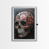 Skull Art Framed Canvas Print with Intricate Floral Patterns in Gothic Boho Style, Chinoiserie-Inspired Rustic Bedroom or Living Room Art