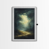 Forest at Dusk Framed Canvas Print with Moody Dark Romance Painting, Fall-Inspired Smoky Mountain Art Perfect Above Bed Wall Decor