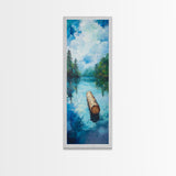 Tranquil Lake, lake Tahoe art, above bed wall art, pine tree art, mountain painting, gift idea for him, Framed Canvas Print