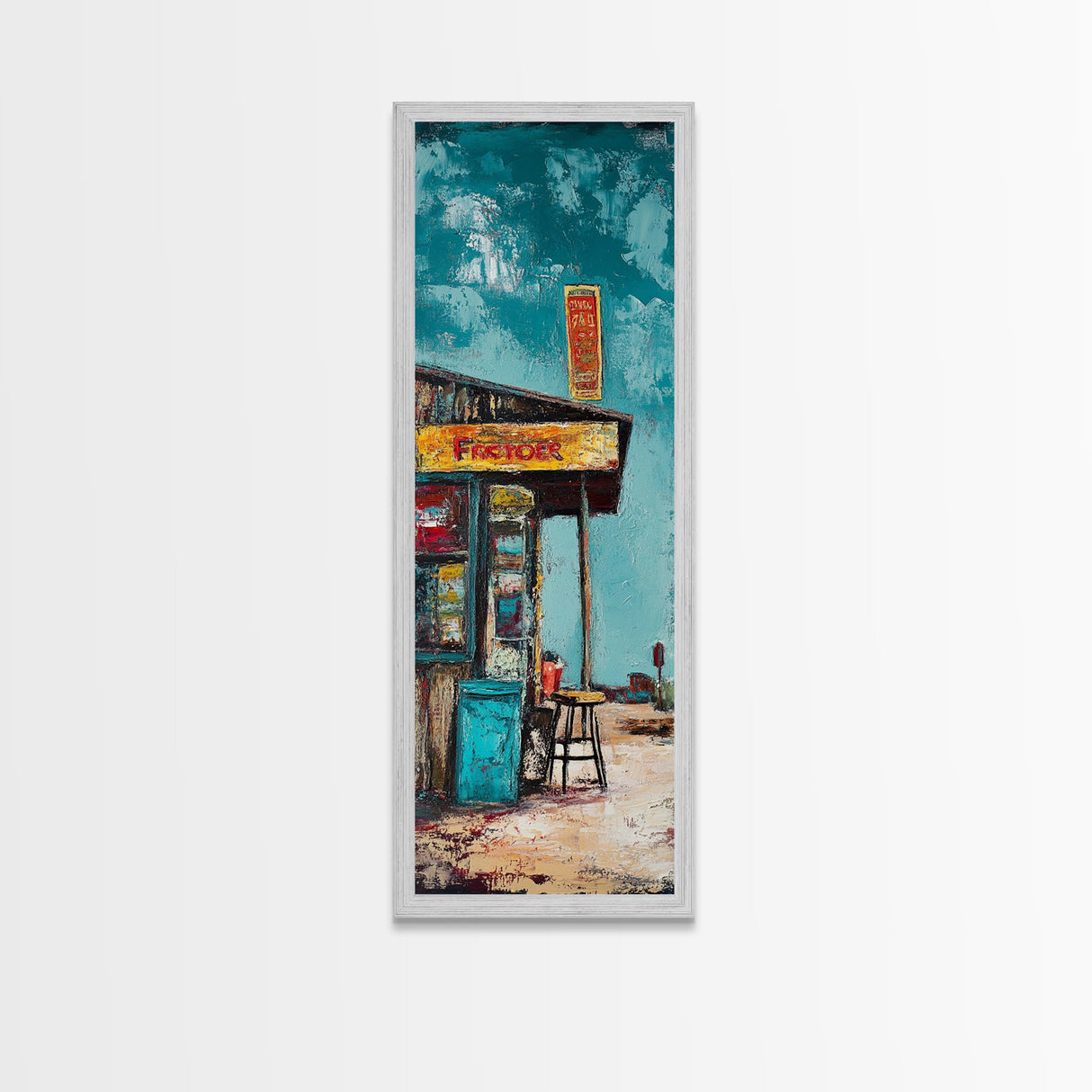 Rustic Gas Station, chicano art, guest check wall art, graffiti wall art, vintage folk art, Framed Canvas Print, tall skinny art
