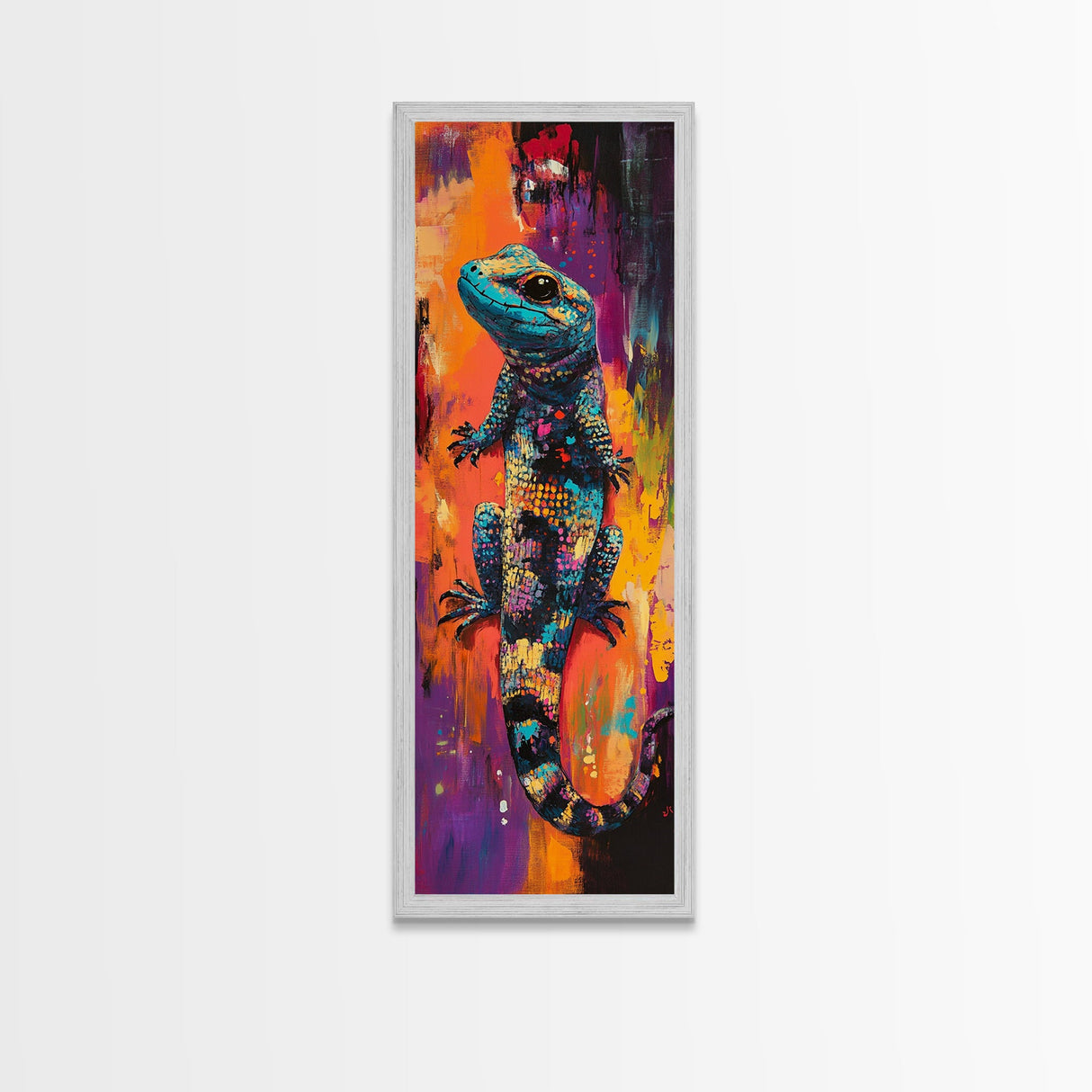 Colorful Lizard, whimsical art, chicano art, boho art, blotter art, psychedelic painting, extra wide art, Framed Canvas Print