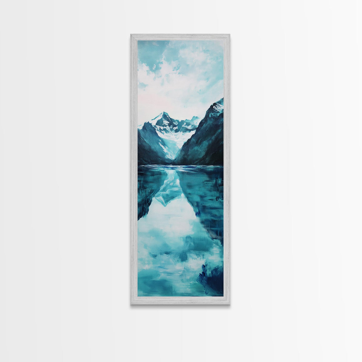 Glacier Lake, mountain painting, blue and green wall art, smoky mountain art, minimalist art, vertical wall art, Canvas Print